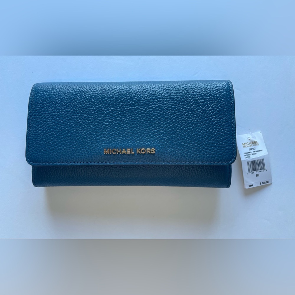 NWT Michael Kors Trifold Wallet Jet Set Large Trifold Leather Blue
